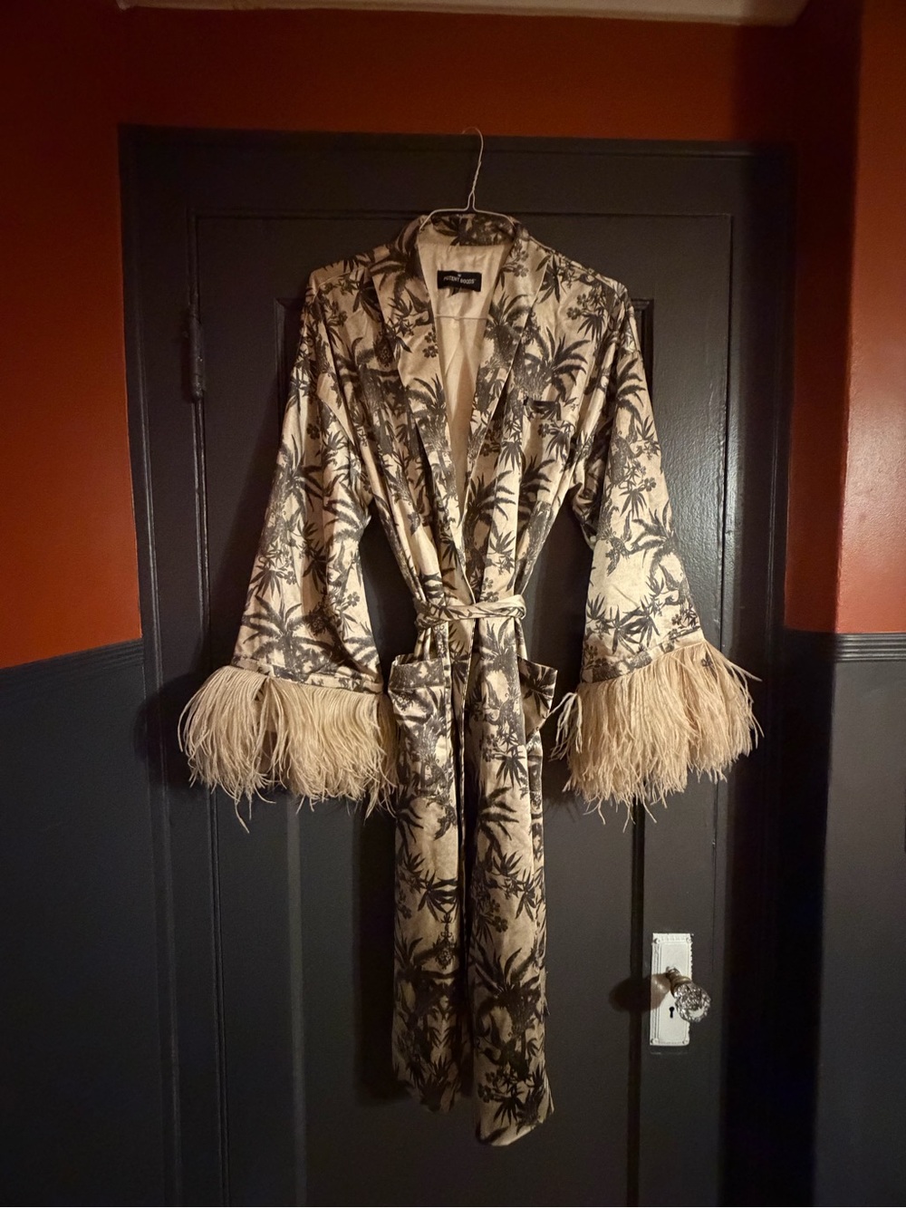 Palm-Print Feather-Trim Robe